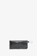 A black textured leather pouch by INA KENT with a silver metal clasp attached on the right side, displayed against a white background.