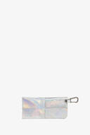 A rectangular iridescent INA KENT cardholder with visible stitching, two card slots, and a metal keyring clip attached in the top right corner, set against a plain white background.