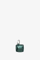 Metallic green square-shaped pouch from INA KENT with a flap closure and a silver carabiner clip attached to the top.