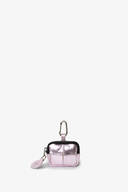 Small metallic pink INA KENT pouch with a zipper, keychain clip, and attached oval tag, displayed on a plain white background.