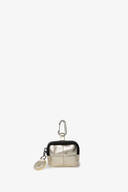 Small metallic gold zippered pouch from INA KENT with a keychain clip and a round tag attached, displayed against a plain white background.