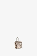 INA KENT metallic leather AirPods case with a flap closure and a silver carabiner clip, centered on a plain white background.