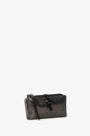 A metallic gray leather wallet by INA KENT with a zippered compartment and a black strap closure, photographed against a plain white background.