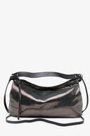 A metallic silver INA KENT shoulder bag with a black adjustable strap and zipper closure, displayed against a plain white background.