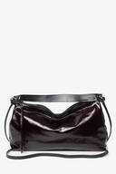 A glossy dark burgundy INA KENT shoulder bag with a zipper closure, long adjustable strap, and a simple, unadorned design.