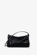 Eine schwarze, rechteckige Handtasche mit einem kurzen Riemen und einer weichen, pelzartigen Struktur, präsentiert vor einem schlichten weißen Hintergrund.